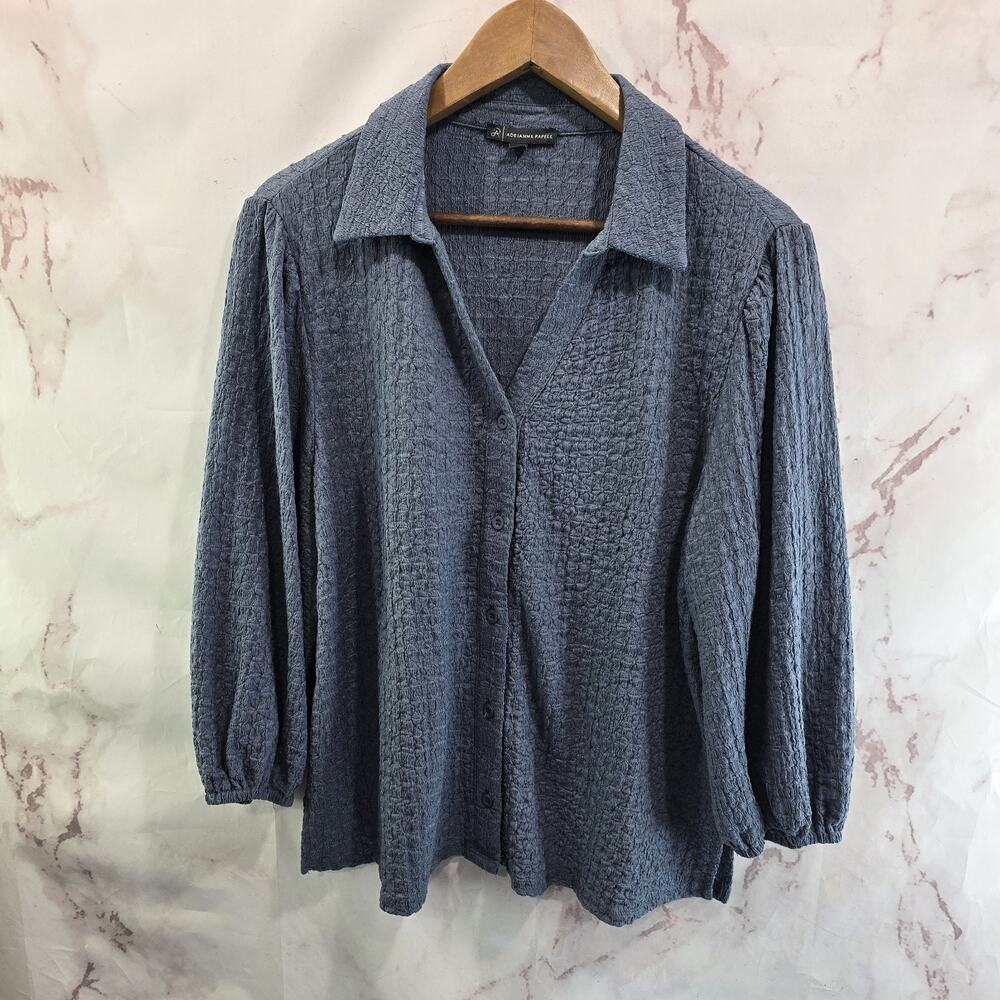 Adrianna Papell Shirt Womens Large Blue Button Blouse Textured Dusty Quarter